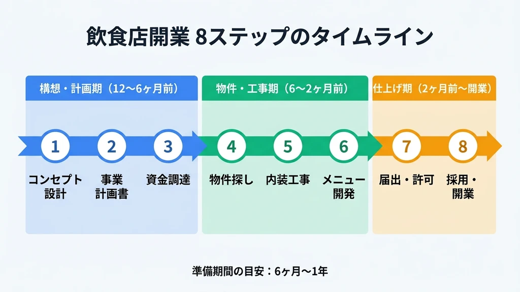 飲食店開業8ステップのタイムラインと各準備期間の目安を示す図解